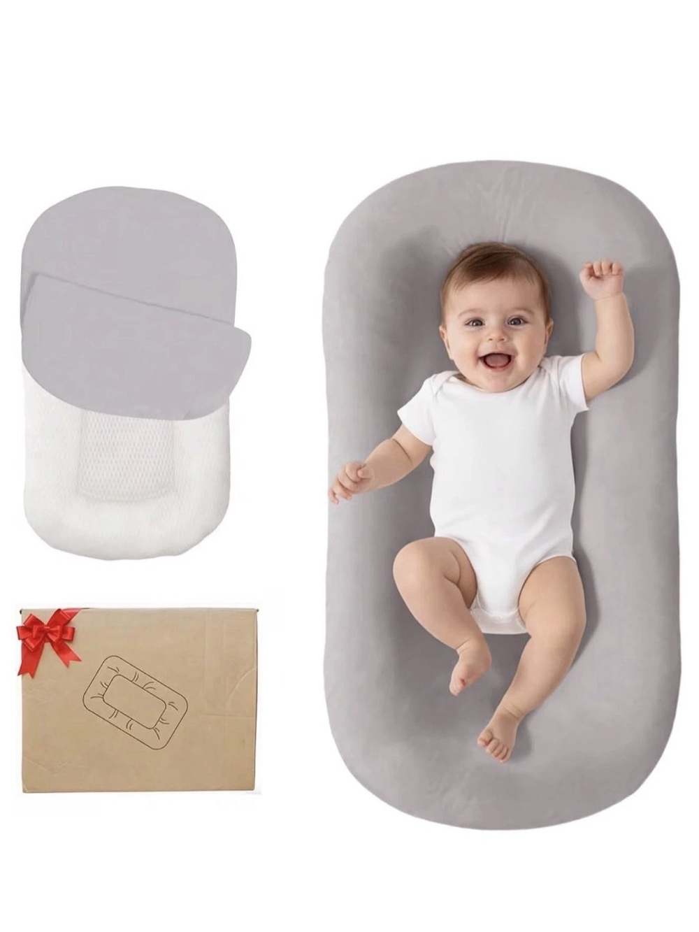 Plush Gray Infant Lounger Nest – Soft Baby Support Pillow. NEW, Up to 24 Mths